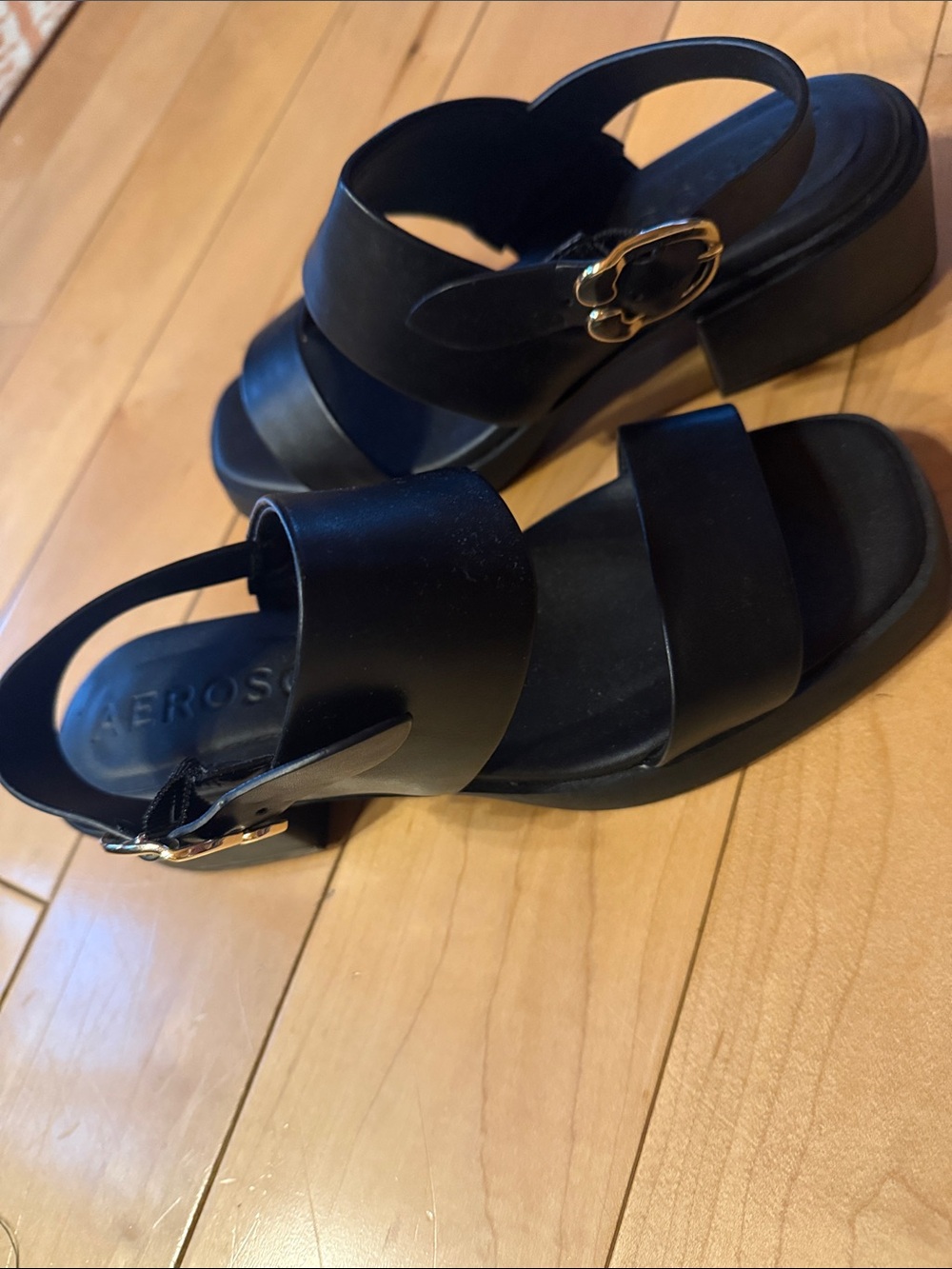 AEROSOLES Black Platform Slingback Sandals with Gold Buckle